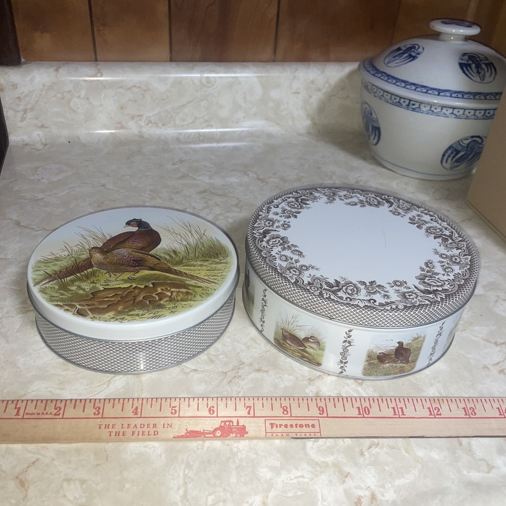 Metal Decorative Pair Of Tins Brown‎ Green Tan Quail Nature Outdoors Bird
